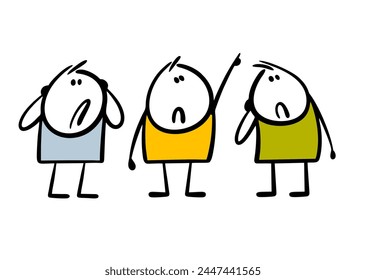 Hand drawn group of people are anxiously looking at the sky. Vector illustration of a scared stickman pointing his finger up. Isolated cartoon characters on white background.