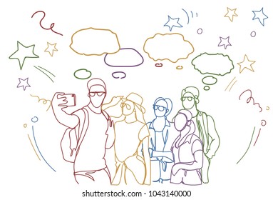 Hand Drawn Group Of People Friends Taking Selfie Photo Men And Women Make Self Portrait On Smart Phone Over Abstract Doodle Background Vector Illustration