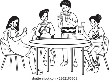 Hand Drawn group of teenagers drinking coffee illustration in doodle style isolated on background
