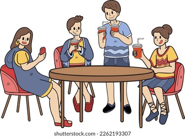 Hand Drawn group of teenagers drinking coffee illustration in doodle style isolated on background