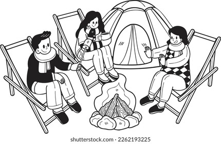 Hand Drawn A group of tourists sit by the fire in the forest illustration in doodle style isolated on background