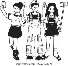 Hand Drawn group of tourists taking a selfie illustration in doodle style isolated on background