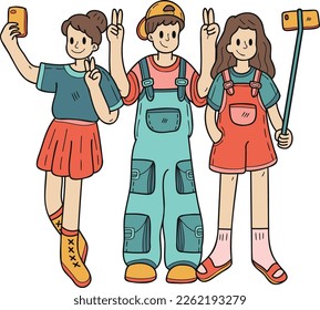 Hand Drawn group of tourists taking a selfie illustration in doodle style isolated on background