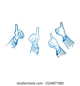 Hand drawn group of young happy business people giving thumbs up gesture. Success business performance appraisal sketch concept vector illustration. Isolated design with white background