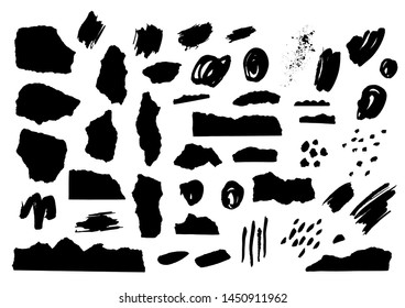 Hand drawn grunge abstract black paint brush strokes. Vector set collection of shapes isolated on white background. For packaging design, patterns, textile design, postcards, posters, infographics