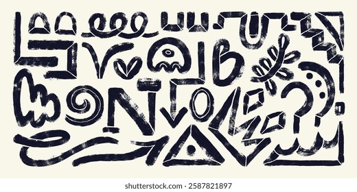 Hand Drawn Grunge Abstract Line Silhouettes with Black Bold Brush Strokes Isolated on White Background. Playful and modern geometric design drawn with thick lines 