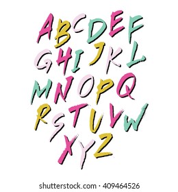 Hand drawn grunge alphabet. Free hand. Letters in multi colors.