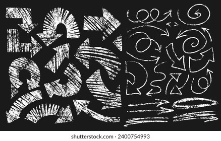 Hand drawn grunge arrow set isolated on blackboard background. Rough arrow doodles. Emphasis crayon elements. Directional arrow shapes with curling tails. Vector Illustration.