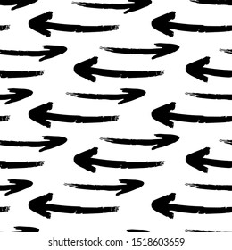 Hand drawn grunge arrows, black vector seamless pattern on the white background.
