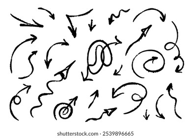 Hand drawn grunge arrows. Black arrows pointers on a white background.	