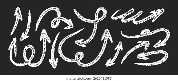 Hand drawn Grunge Arrows Set. Brush Stroke Directional Elements Collection. Perfect for infographics, user interface elements, presentations, highlight design, or creative layouts. Isolated on black