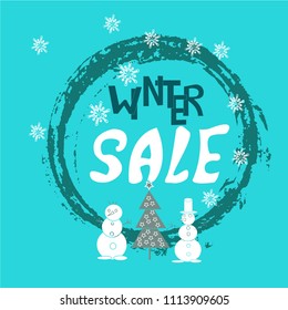 Hand drawn grunge background, brush strokes and splatters. Hand written text winter sale, discount banners.