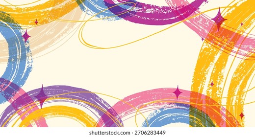Hand drawn Grunge Background with Bulky Multicolored Lines. Vibrant brush strokes, abstract paint swirls and bright scribble curves with spark accents on beige backdrop. Perfect for media, posters