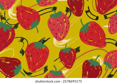 Hand Drawn Grunge Background with Strawberries and Bold Brush Lines. Modern Bold Fruit Market Backdrop in Grungy Punk Style. Creative brush painted strawberries design 