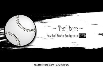 Hand drawn grunge banner with baseball ball. White background with splashes of watercolor ink and blots. Vector illustration