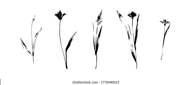 Hand drawn grunge black flowers set. Dirty decorative vector floral collection, isolated on white background. Modern ink expressive brush strokes graphic art.