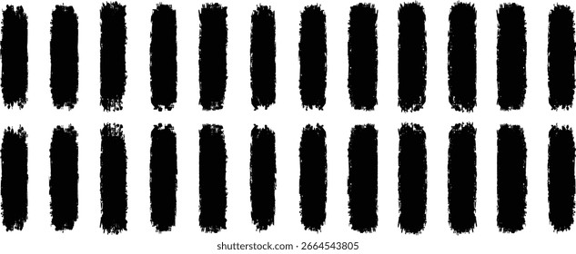 Linhas em negrito desenhadas à mão. Conjunto de linhas do Pincel definido. Escovas de giz pintadas à mão. Pintura, pincel de tinta, pincelada. Vetor pintar preto escova manchas, linhas, traçados vetor. Traçado reto definido