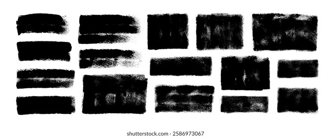 Hand drawn grunge brush strokes, rectangles and squares shapes. Abstract texture frames for text and highlight. Hand drawn thick grunge brush strokes. Vector black paint geometric shapes.