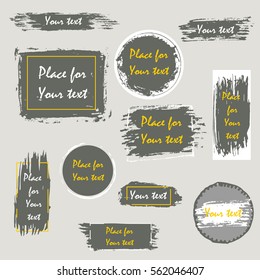 Hand drawn grunge brush strokes, circle, square, rectangle isolated on grey background. Frame, place for text or quote. Vector design.