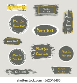 Hand drawn grunge brush strokes, circle, square, rectangle isolated on grey background. Frame, place for text or quote. Vector design.