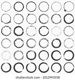 Hand drawn grunge brushed ring texture. Distress label, logo design aged element. Big bundle collection of circle borders and frames. EPS10 vector.