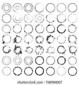 Hand drawn grunge brushed ring texture. Distress label, logo design aged element. Big bundle collection of circle borders and frames. EPS10 vector.