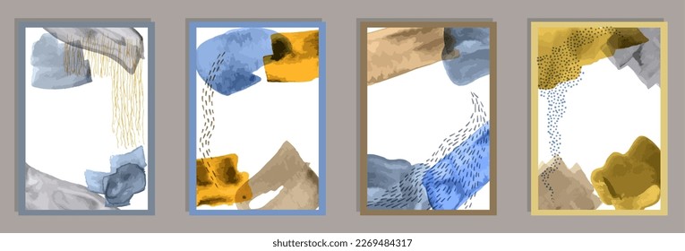 Hand drawn grunge canvas vector set. Watercolor spots texture. 60s style frames. Cool banner templates. Doodle elements.