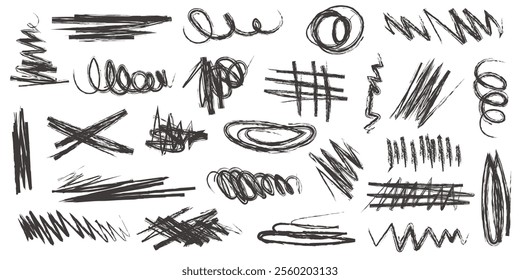 Hand drawn grunge charcoal line, scribble, scrawl. Set of doodle scrawl elements. Different curly lines and squiggle.	