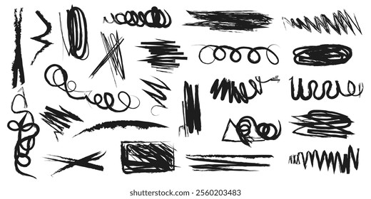 Hand drawn grunge charcoal line, scribble, scrawl. Set of doodle scrawl elements. Different curly lines and squiggle.	