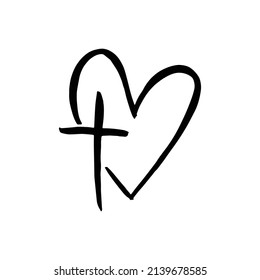 Hand drawn grunge christian cross and heart. Religion symbol vector illustration isolated on white background. Easter graphic design.