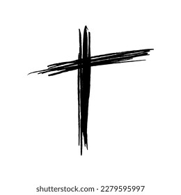 Hand drawn grunge christian cross. Religion symbol vector illustration isolated on white background. Easter graphic design.