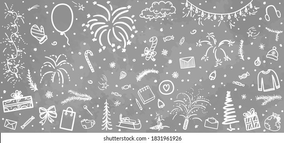 Hand drawn grunge christmas background. Abstract xmas elements. Black and white illustration