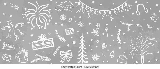 Hand drawn grunge christmas background. Xmas themed elements. Black and white illustration