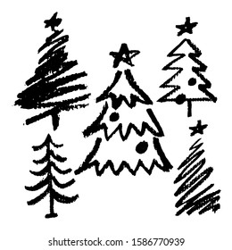 Hand drawn grunge Christmas trees. Abstract vector illustration. Chalk design