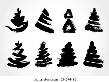 Hand drawn  grunge Christmas trees. Ink painting