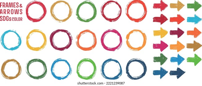 Hand drawn grunge circle frames and arrows, 17 SDGs colors