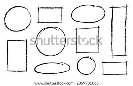 Hand drawn grunge circle, oval, square, rectangle shapes. Doddle outline frames with crayon or pencil texture. Scribble elements for messages, notes labels, vector illustration.