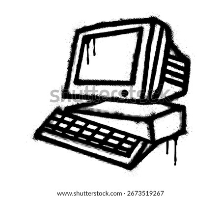 Hand drawn grunge computer icon with graffiti spray and drip effect. Black overspray on white background. Vector illustration