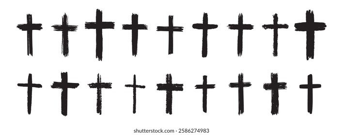 hand drawn grunge cross black bold icons set. Christian cross signs collection, cross symbols created with real ink brush isolated on white background. Vector illustration