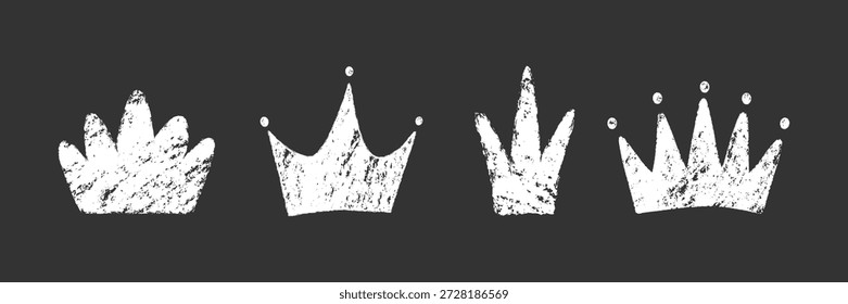 Hand drawn grunge crowns set. Rough chalk texture. White distressed silhouettes on dark background. Vector crown symbol for branding logo poster apparel, street style design, social media