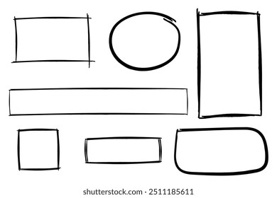 Hand drawn grunge doodle frame set, marker pen line strokes, square circle rectangle oval ellipse border design elements