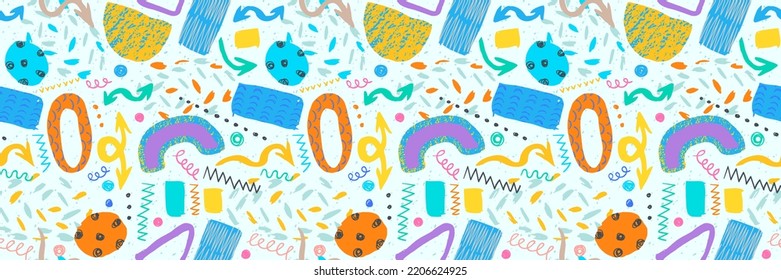 Hand drawn grunge doodles pattern. Abstract ornaments. Grunge doodles wallpaper. Background with abstract modern elements and shapes.