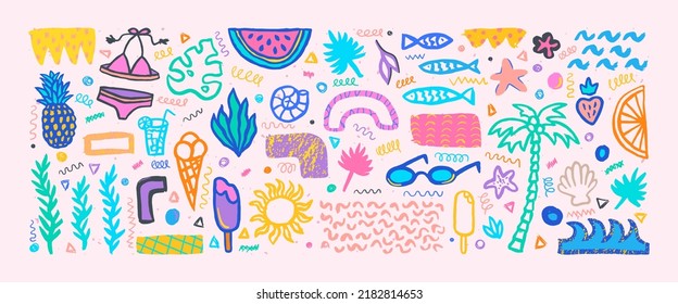 Hand drawn grunge doodles set. Big collection of abstract modern elements and shapes. Tropical vacation. Palm tree, watermelon, bikini, fruits, ice cream, fish, strawberry, orange, pineapple.