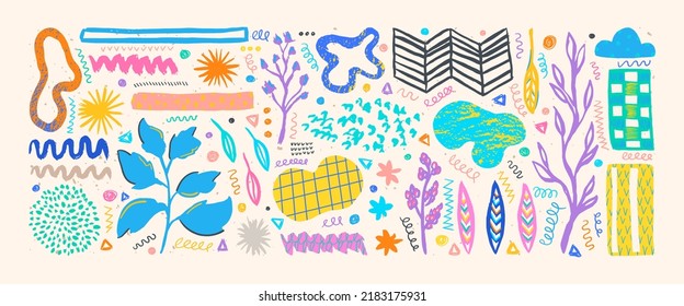 Hand drawn grunge doodles set. Big collection of abstract modern elements and shapes. Boho style grunge doodles set. Plants, shapes and ornaments.