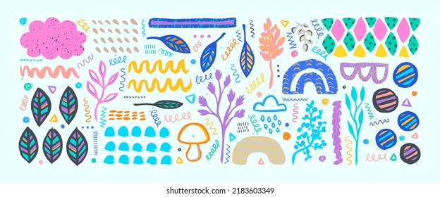 Hand drawn grunge doodles set. Big collection of abstract modern elements and shapes. Boho style plants, shapes and ornaments set.