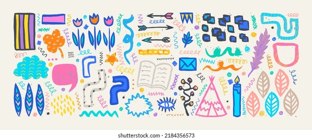 Hand drawn grunge doodles set. Big collection of abstract modern elements and shapes. Boho style grunge doodles.
