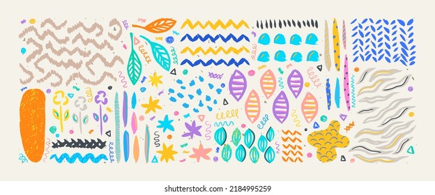 Hand drawn grunge doodles set. Big collection of abstract modern elements and shapes. Boho style grunge doodles set. Plants, shapes and ornaments.