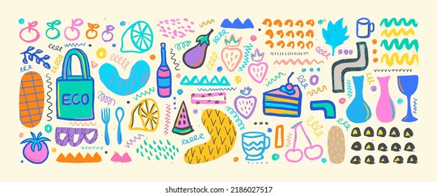 Hand drawn grunge doodles set. Big collection of abstract modern elements and shapes. Modern lifestyle doodles. Food, vegetables and fruits.