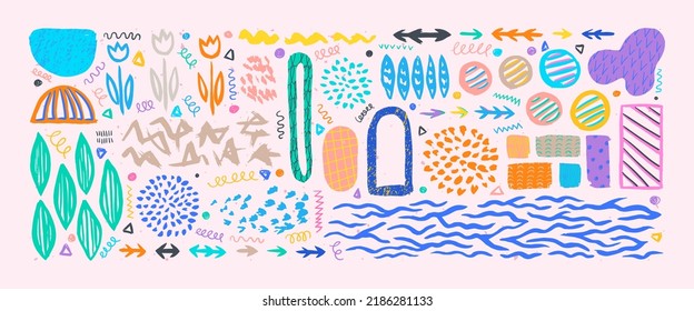 Hand drawn grunge doodles set. Big collection of abstract modern elements and shapes. Ethnic ornaments set. Tribal doodles.