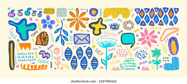 Juego de garabatos grunges dibujados a mano. Gran colección de elementos y formas abstractas y modernas. Juego de garabatos de estilo boho. Plantas, formas y adornos.